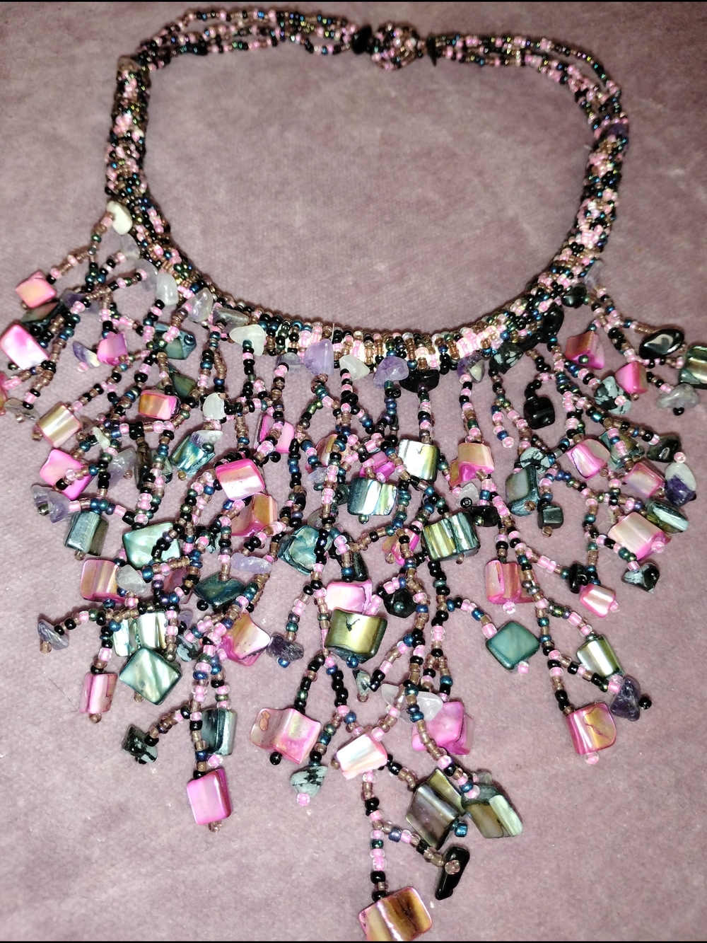 Source Unknown Pink and Iridescent Multicolor Beaded Fringe Necklace